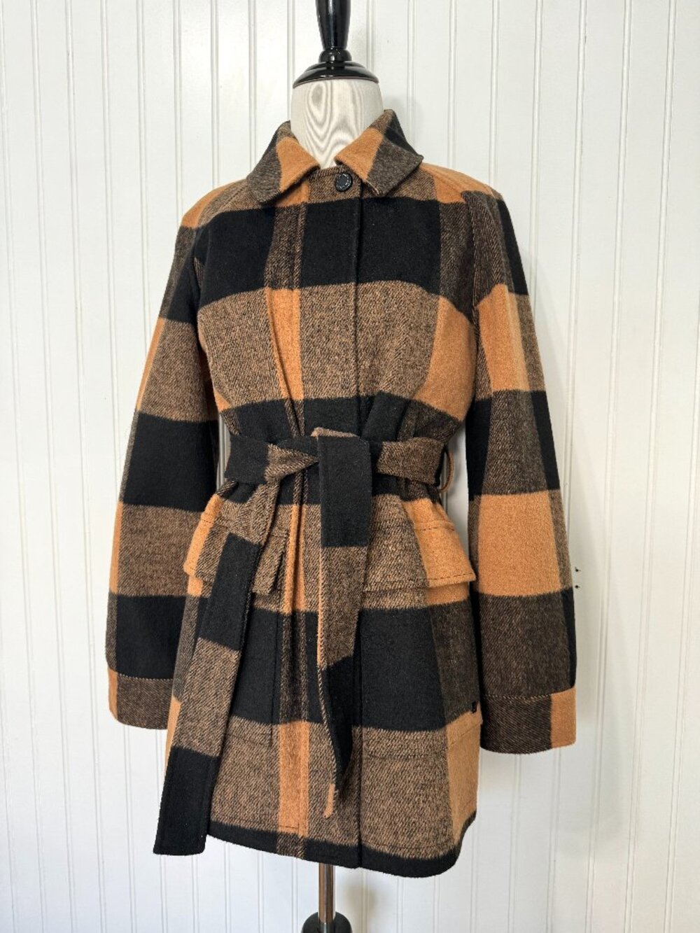 Calvin Klein Black & Brown Trench Coat Wool Blend XXS
